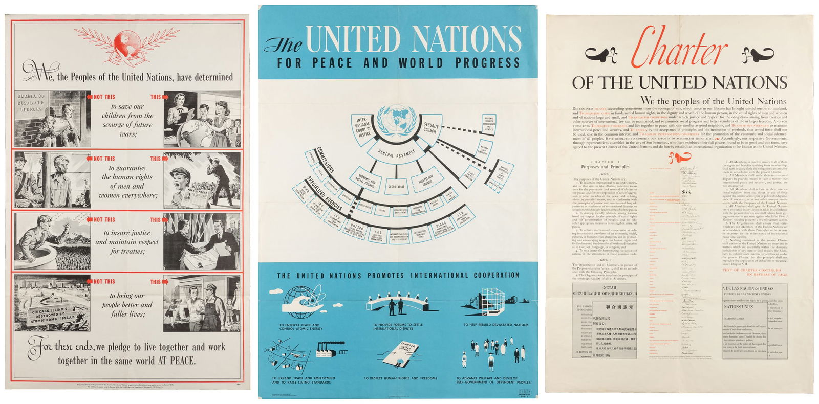 [UNITED NATIONS]. Group of 3 posters. Circa 1946. Three U.N... (1 of 4)