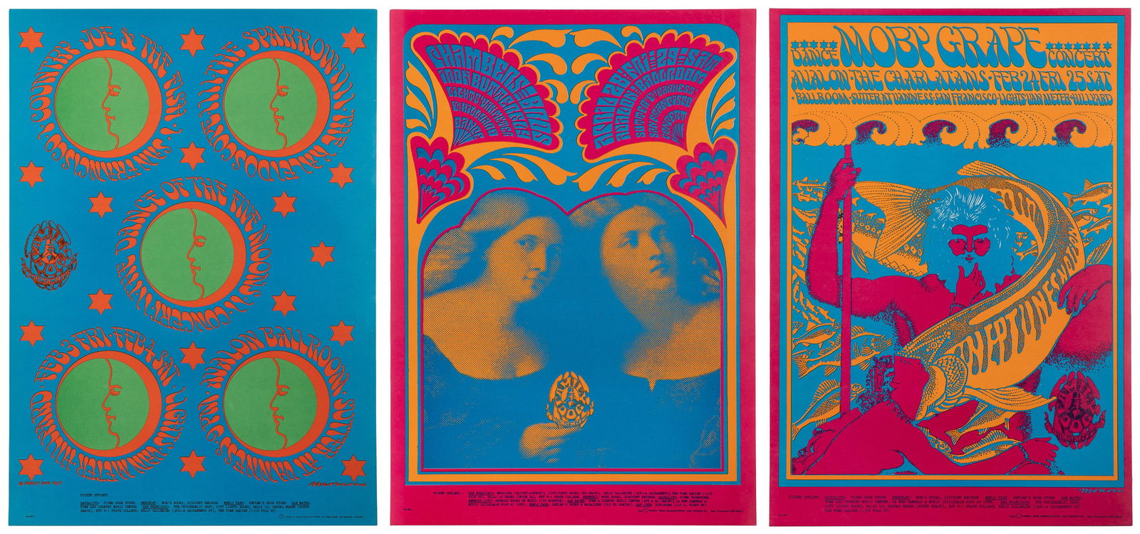 [PSYCHEDELIC]. MOSCOSO, Victor (b. 1936). Group of 3 Family...: [PSYCHEDELIC]. MOSCOSO, Victor (b. 1936). Group of 3 Family Dog concert posters. Includes: FD-46, FD-59, and FD-49. Includes Iron Butterfly, Country Joe & The Fish, Moby Grape, and others. Sizes appro