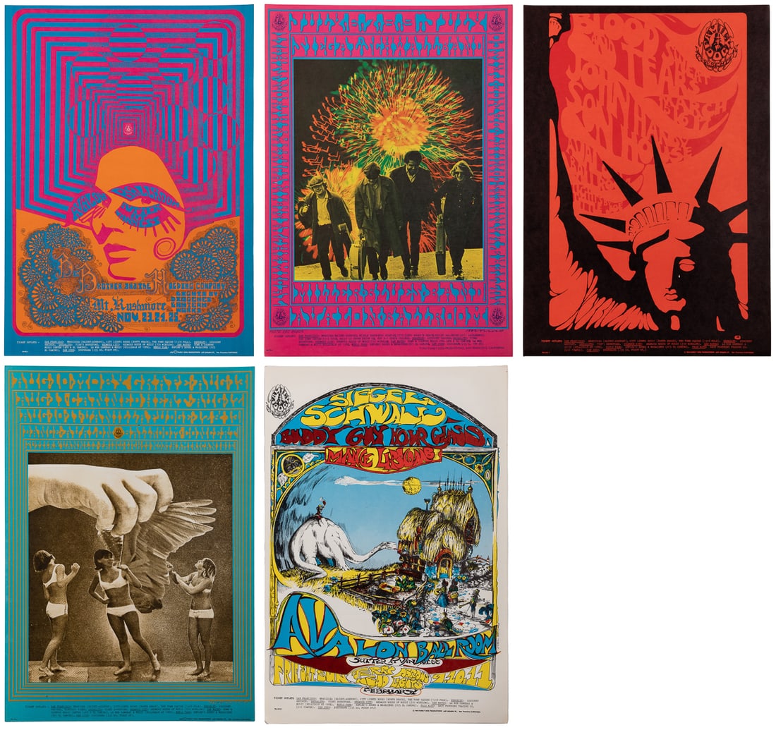 [PSYCHEDELIC – FAMILY DOG]. Group of 5 concert posters. Inc...: [PSYCHEDELIC – FAMILY DOG]. Group of 5 concert posters. Includes: FD-93, FD-70, FD-75, FD-105, and FD-110. Includes Big Brother & the Holding Company; Miller Blues Band; Moby Grape; Buddy Guy; B