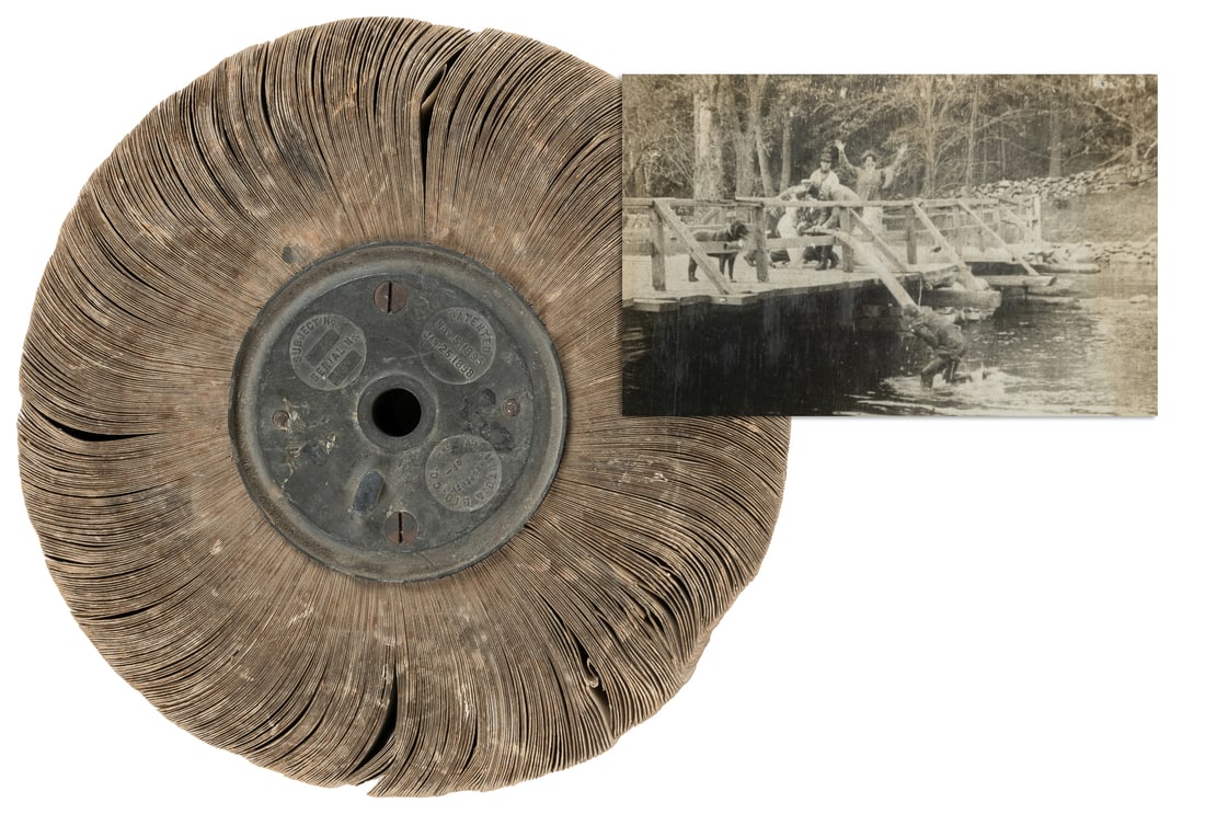 Mutoscope Reel: He Took To Water. No. 3200-D. Humorous reel...: Mutoscope Reel: He Took To Water. No. 3200-D. Humorous reel showing “how the practical joker took a received a ducking from a crowd of wrathy villagers.” Diameter 10 ½”. Some ca