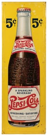 Pepsi-Cola 5 Cent Bottle Tin Sign. Single-sided tin sign sh...