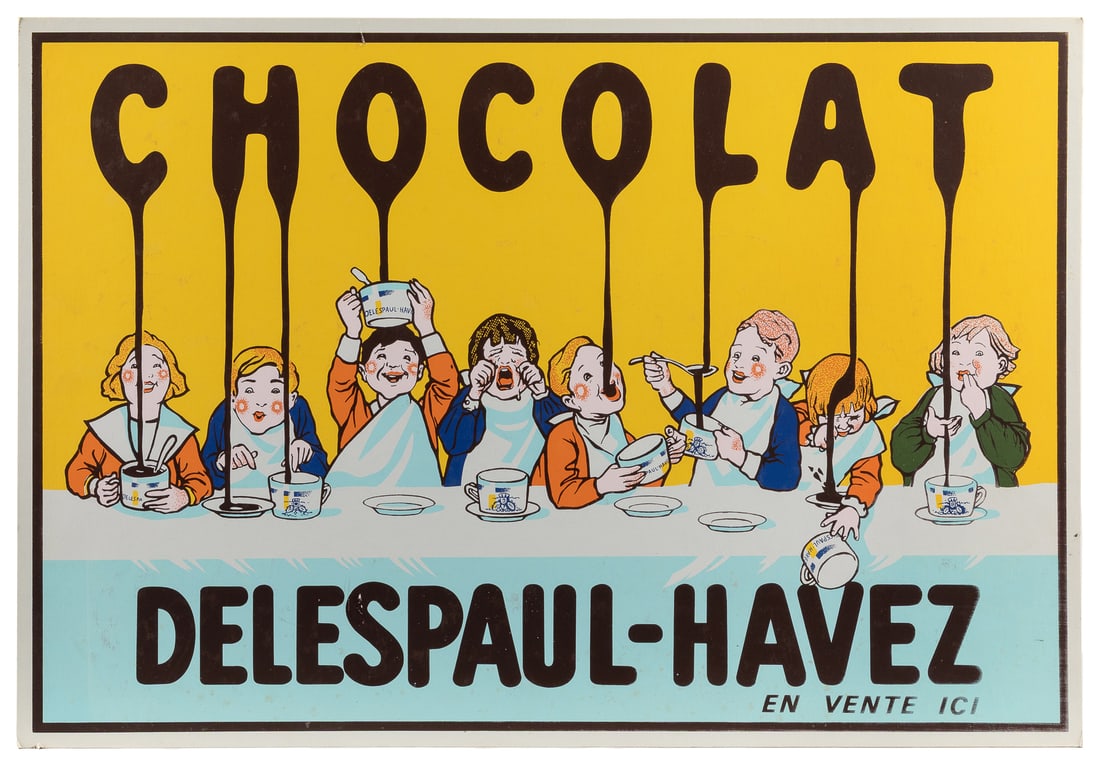 Chocolat / Delespaul-Havez. Circa 1950s. Classic advertisin...: Chocolat / Delespaul-Havez. Circa 1950s. Classic advertising image of children at a table enjoying the melting chocolate dripping from the lettering above. 15 3/8 x 22 ½”. On stiff cardstoc