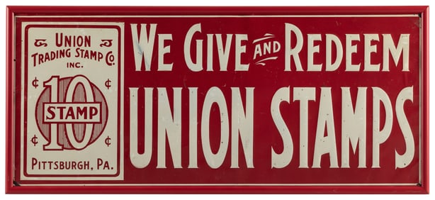 Union Stamps Tin Sign. Single-sided tin sign for 10 cent Un...