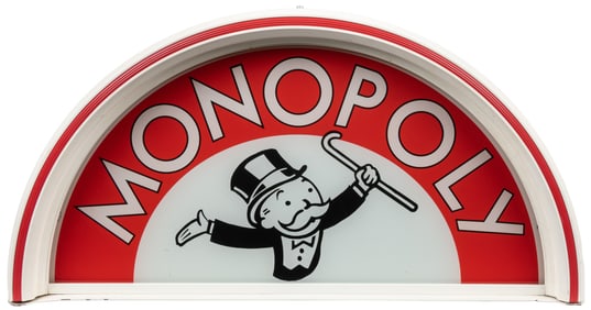 Monopoly Lighted Sign. Glass sign in metal half-moon housin...