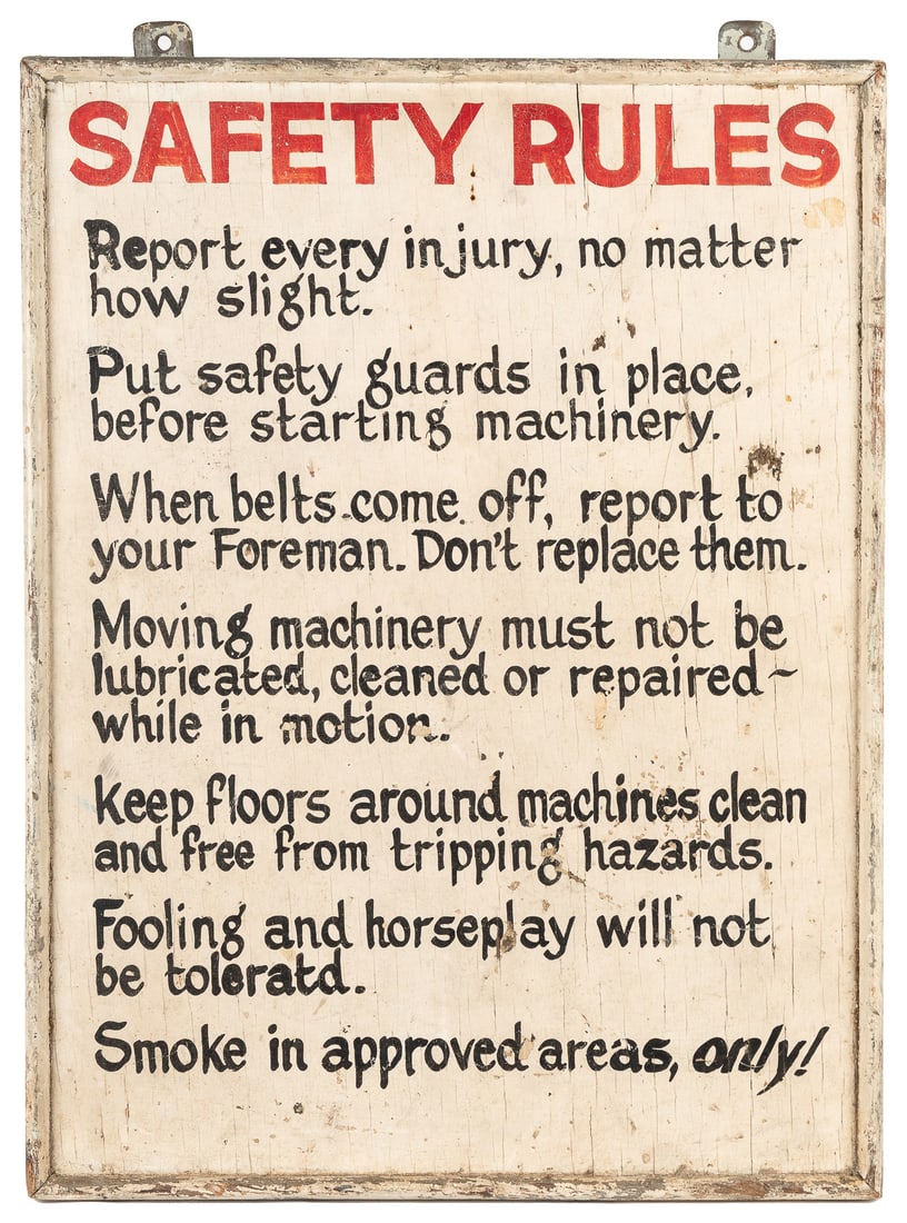 Factory / Industrial Safety Painted Wooden Sign. Circa 1950...: Factory / Industrial Safety Painted Wooden Sign. Circa 1950s. Red and black hand-painted wooden sign, on white painted background. 23 ¾ x 18”. Scattered chipping and surface wear.