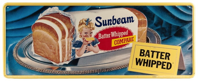 Sunbeam Batter Whipped Bread Lithographed, Embossed Tin Sig...