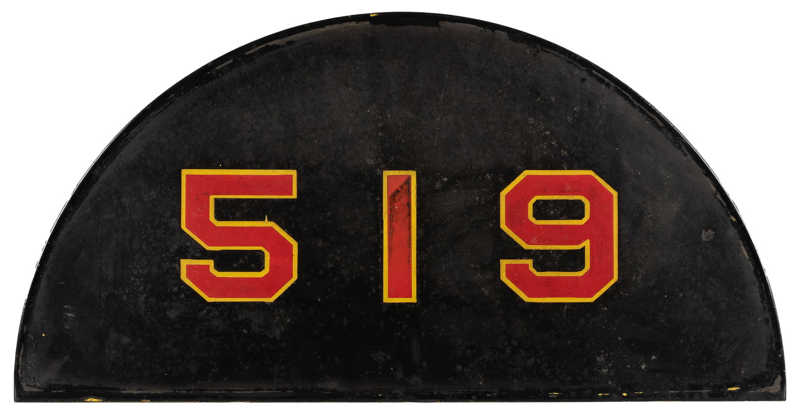 “519” Single-Sided Porcelain Sign. [Ca. 20th century]. Arch...: “519” Single-Sided Porcelain Sign. [Ca. 20th century]. Arch-design SSP black sign with red numbers edged in yellow (possibly indicating an address or number for a fire station). 12 ½ 