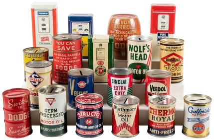 Group of 20 Small Petroleum Product Coin Banks. Tin banks, ...