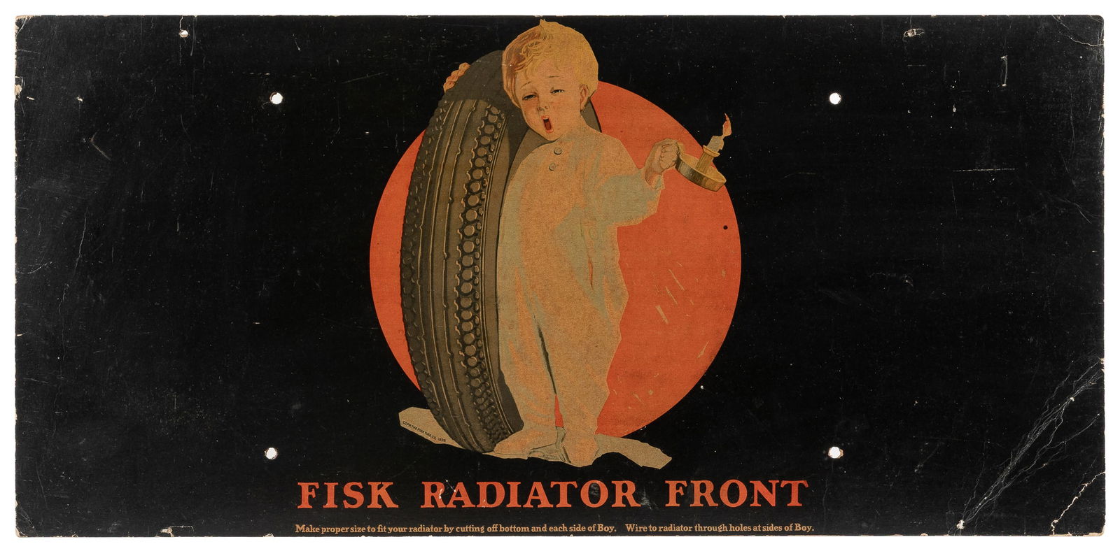 Fisk Radiator Front Tires Sign on Cardboard. [Fisk Tires, c...: Fisk Radiator Front Tires Sign on Cardboard. [Fisk Tires, ca. 1926]. Single-sided cardboard sign/radiator sizing guide. Image of a sleepy boy with a tire and candlestick. “Fisk Radiator Front /