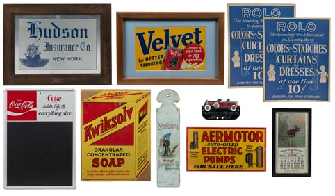 Group of 8 assorted signs and advertisements. Including: Co...