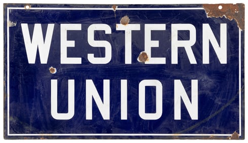 Western Union Porcelain Sign. Double-sided porcelain with w...