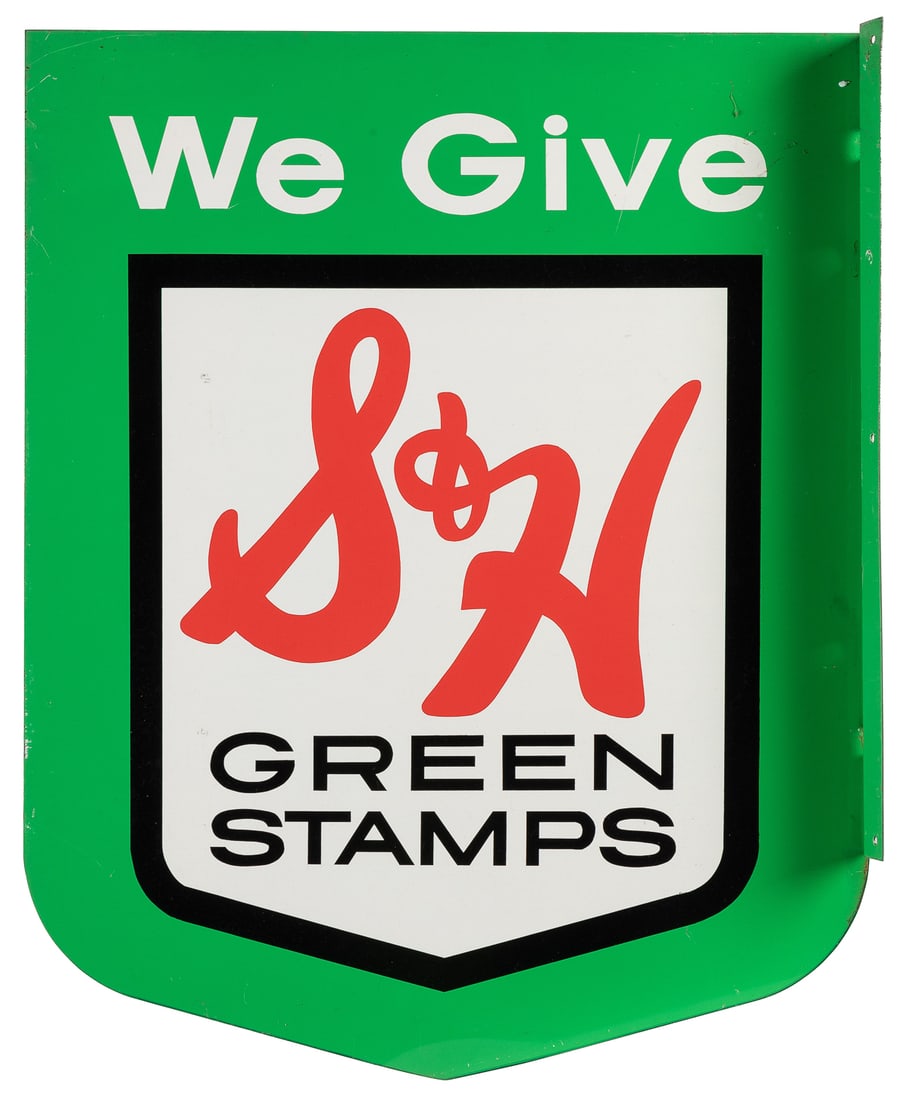 S & H Green Stamps Metal Flange Sign. [Ca. 20th century]. “...: S & H Green Stamps Metal Flange Sign. [Ca. 20th century]. “We Give S & H Green Stamps”. Double-sided metal (steel?) sign with hanging flange. 24 x 19”. Light wear, soiling, price sti