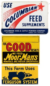 Group of 3 Farming Product Tin Signs. Single-sided tin sign...