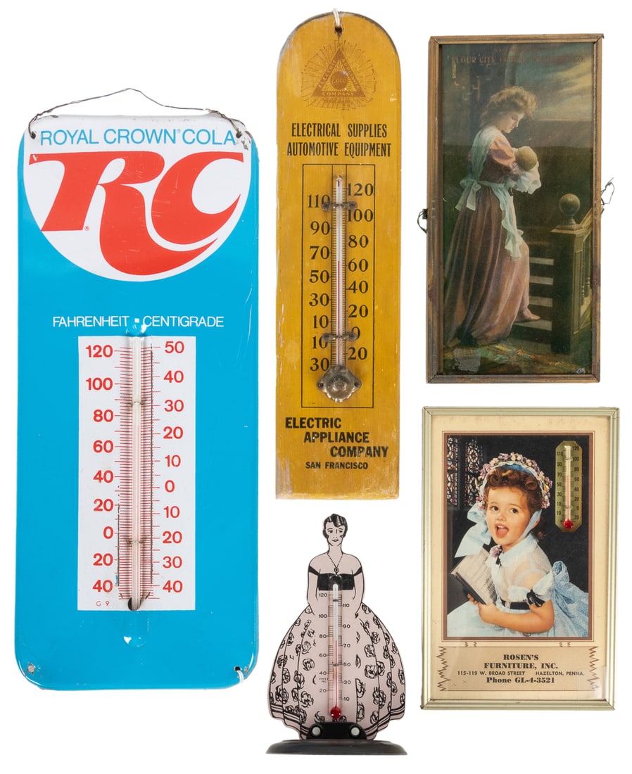 Group of 5 Advertising Thermometers. Includes: RC Cola; Ele...: Group of 5 Advertising Thermometers. Includes: RC Cola; Electric Appliance Company, San Francisco; Flour City Fuel & Transfer Co.; Rosen’s Furniture, Hazelton, PA; and Chas. Bussell, Cleaning, P