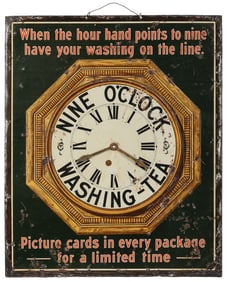 “Nine O’Clock Washing - Tea” Tin Lithographed Sign with Mov...