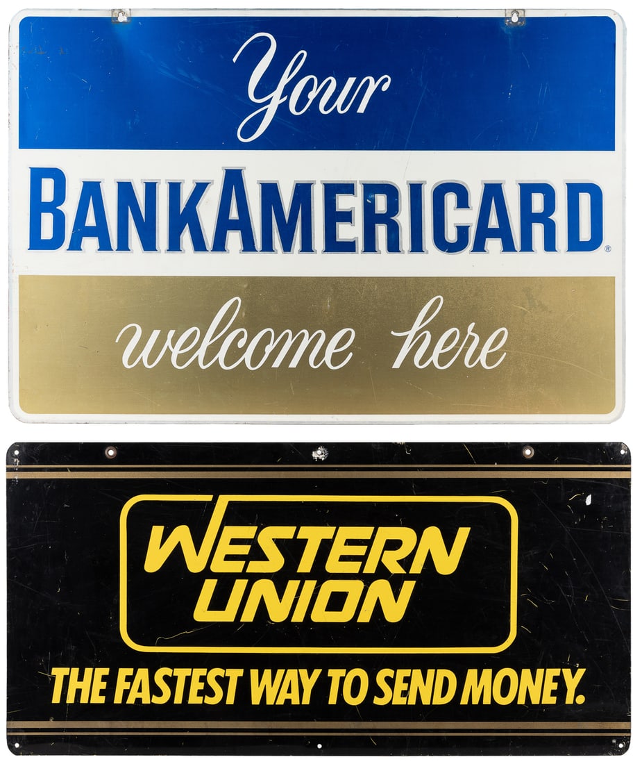 Group of 4 Metal Signs for Financial Goods or Services. [V.... (1 of 4)