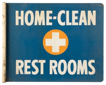 “Home-Clean Restrooms” Double-Sided Flange-Style Sign. [Ca....