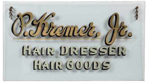 “P. Kremer, Jr. Hair Dresser Hair Goods” Reverse Painted Gl...