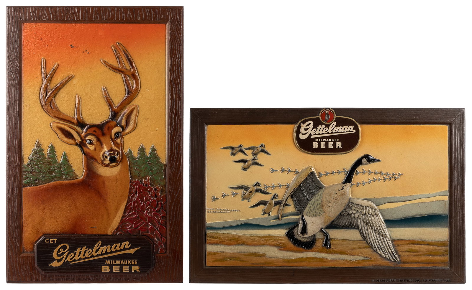Pair of Gettelman Milwaukee Beer Signs. Milwaukee, WI: A. G...: Pair of Gettelman Milwaukee Beer Signs. Milwaukee, WI: A. Gettelman Brewing Co., [ca. 1940s-50s]. Plastic composite full color signs, one depicting a stag, another depicting geese on the wing. Both wi