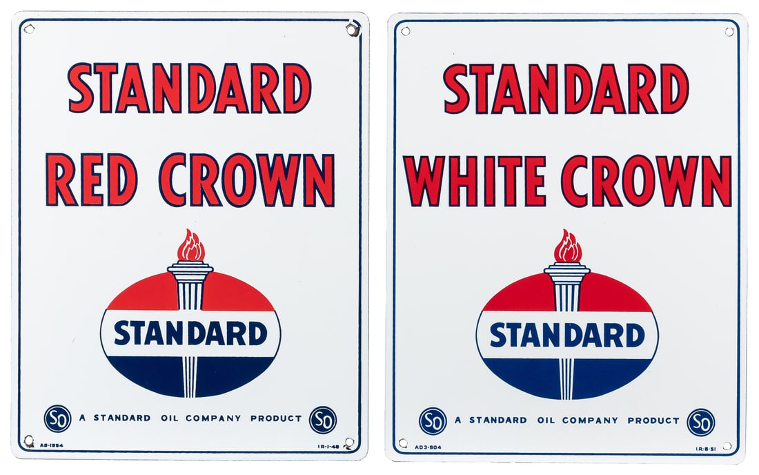 Pair of “Standard White Crown” Porcelain Oil Signs. Standar...: Pair of “Standard White Crown” Porcelain Oil Signs. Standard Oil Company, [ca. 1940s-50s]. Matching single sided porcelain signs, each with bolt-holes at corners, however with different pr