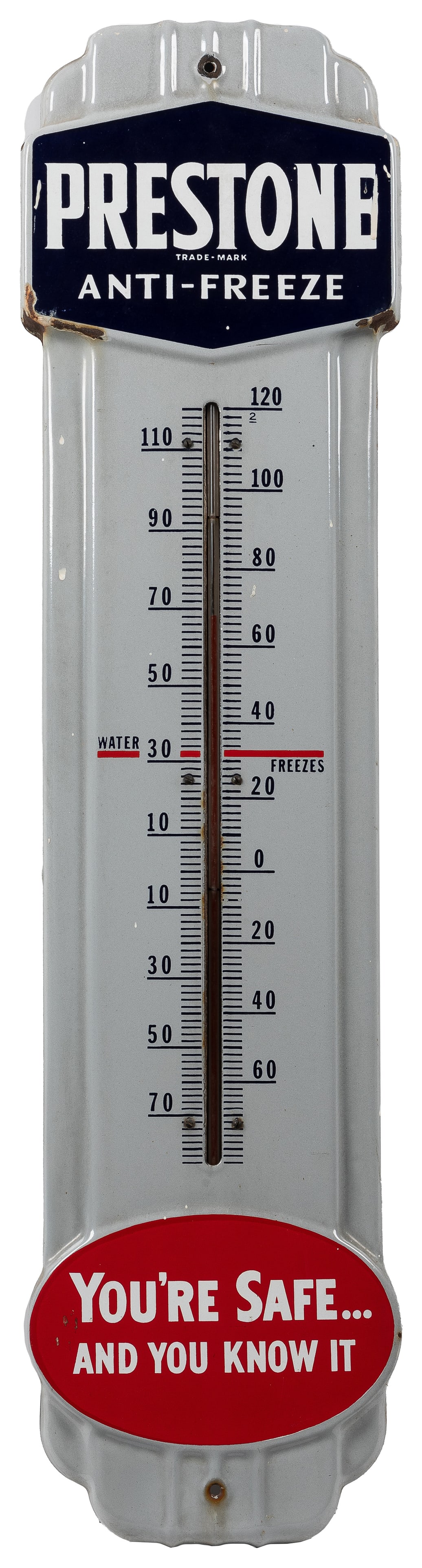 Prestone Anti-Freeze Porcelain Thermometer Sign. [Ca. 1940s... (1 of 1)