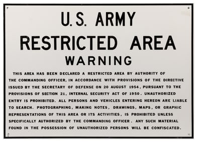 U. S. Army Restricted Area Warning Metal Sign. [Ca. 1950s-6...