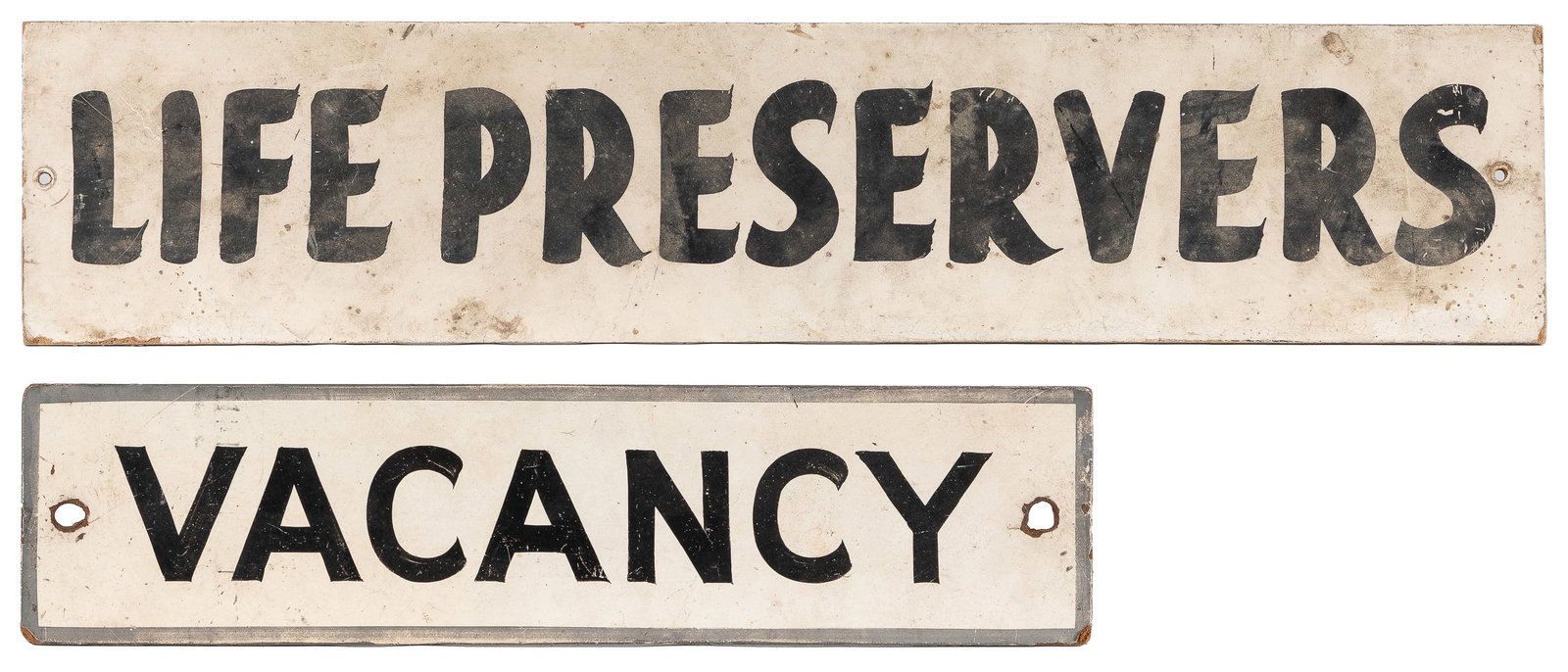 [WISCONSIN DELLS]. “Life Preservers” and Vacancy Hand-Paint...: [WISCONSIN DELLS]. “Life Preservers” and Vacancy Hand-Painted Masonite Signs. [Wisconsin Dells, ca. 20th century]. Single-sided signs, screw holes at left and right sides of both signs. 5 