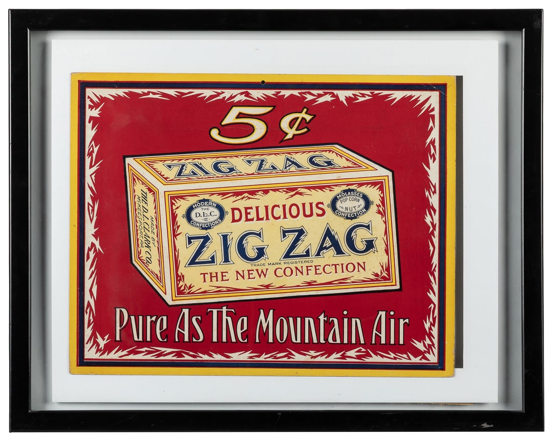 Zig Zag The New Confection Cardboard Sign. McKeesport, PA: ...: Zig Zag The New Confection Cardboard Sign. McKeesport, PA: The D. L. Clark Co., [ca. 1910s-20s]. Colorful cardboard sign, “5 cent / Pure As The Mountain Air” framed under glass. Sight 10 &