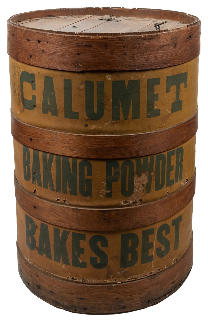“Calumet Baking Powder Bakes Best / … Always Pleases” Adver...: “Calumet Baking Powder Bakes Best / … Always Pleases” Advertising / Dispensing Barrel. [Ca. 20th century]. Barrel with painted lettering on 2 sides, hinged lid. 25 ¼” high