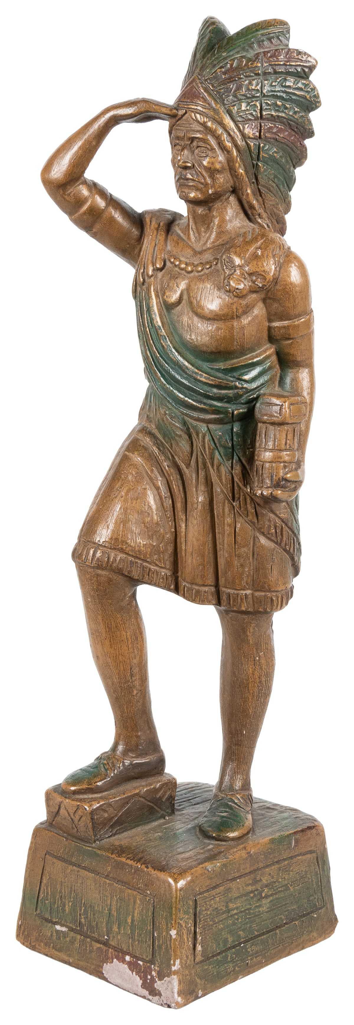Cigar Store Indian with Hand to his Brow, Holding Cigars. [...: Cigar Store Indian with Hand to his Brow, Holding Cigars. [Austin Prod., 1964]. Painted plaster statuette. 20” high. Some wear, scuffing. Good.