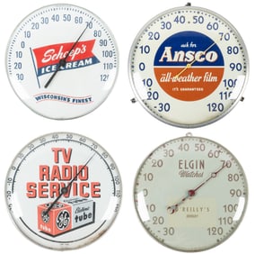 Group of 4 Vintage Hanging Thermometers Under Glass. Includ...