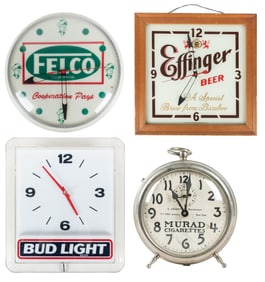 Three Advertising Light-Up Wall Clocks, and One Small Deskt...
