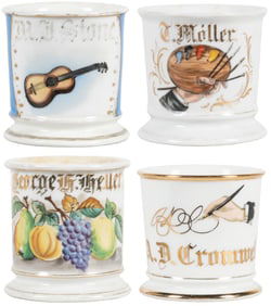 Group of 4 Porcelain Shaving Mugs. All gilt painted porcela...