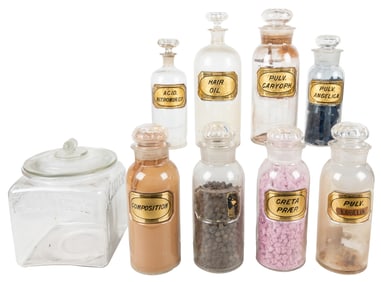 Group of 8 Pharmaceutical Bottles with Stoppers Plus One Gl...