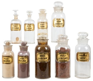 Group of 9 Pharmaceutical Bottles with Stoppers Pharmaceuti...