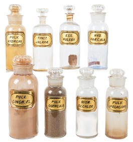 Group of 8 Pharmaceutical Bottles with Stoppers Pharmaceuti...