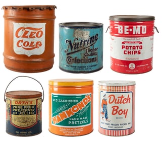 Group of Six Large Advertising Tin Food Buckets. Early/mid ...