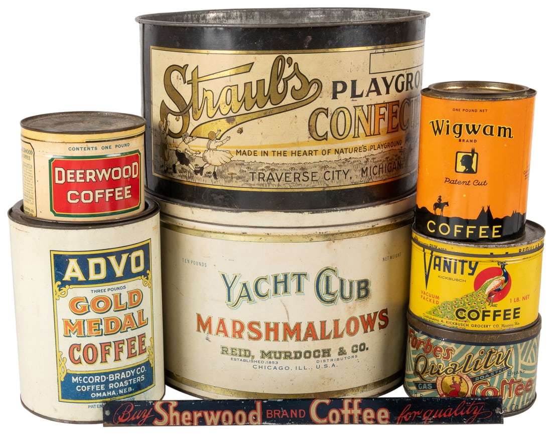 Seven Early Advertising Tins for Coffee, Marshmallows, and ... (1 of 1)