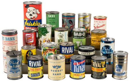 Group of 22 Assorted Tin Banks / Beer, Dog Food, Household ...