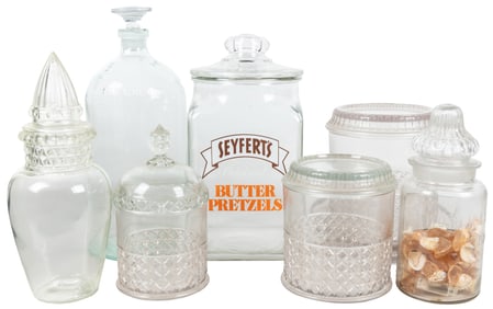Group of 7 Vintage Glass Display Jars with Lids or Stoppers...