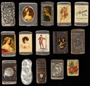 Group of 16 American Metal, Bakelite, and Celluloid Match S...