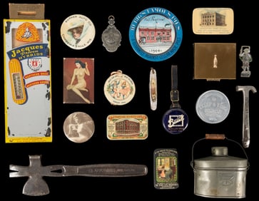 Group of 18 Advertising Compact Mirrors, Tags, and More. Ci...