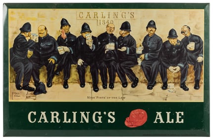 Carling’s Ale Tin Sign. Tin over cardboard sign with bevele...