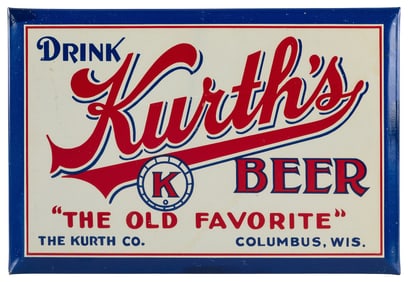 Kurth’s Beer Hanging Sign. Color tin sign over cardboard, w...