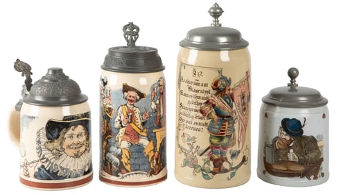 Group of Four Mettlach Steins. Four half-liter German Mettl...