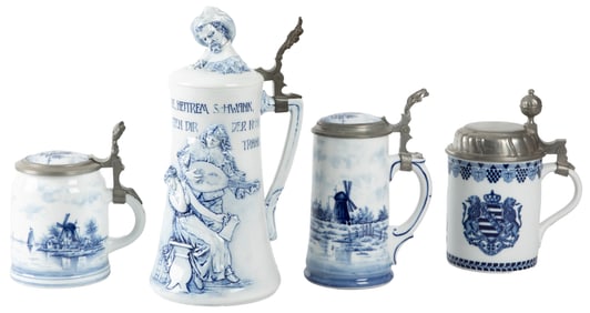 Group of Four Porcelain Steins. Four German porcelain stein...