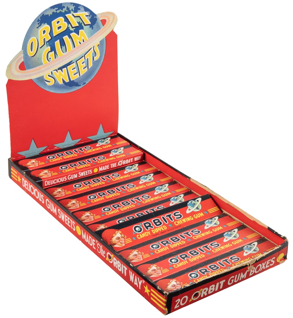 Orbit Gum Sweets in Original Box. Chicago: Orbit Gum Co., c...: Orbit Gum Sweets in Original Box. Chicago: Orbit Gum Co., ca. 1920s. Box of 12 (of originally 20) Orbits “candy dipped” gum sweets, each in a lithographed box. With the original lithograph