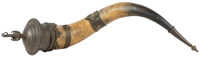 Powder Horn with Elaborately Decorated Brass Tip and Cap, a...