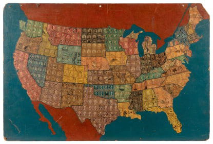 [FOLK ART]. Decoupage Postage Stamp Map of the United State...
