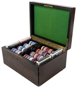 Cased Poker Chip Set with Inlaid Clover Leaf Chips. Early 2...